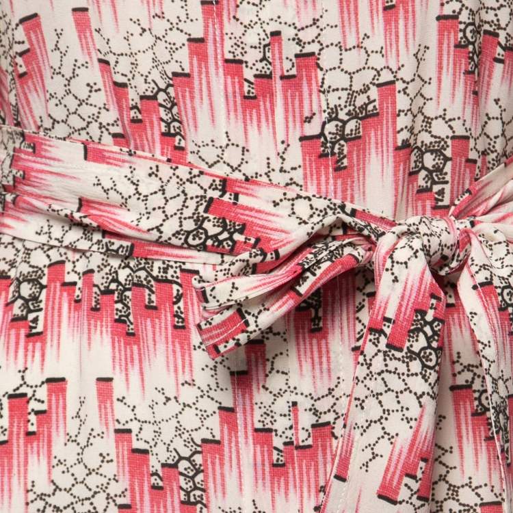 Pre Owned Isabel Marant Pink/Cream Printed Silk Blend Crepe De Chine Midi Dress S