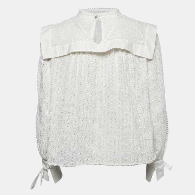 Pre Owned Isabel Marant White Eyelet Cotton Bib Detail Long Sleeve Blouse L