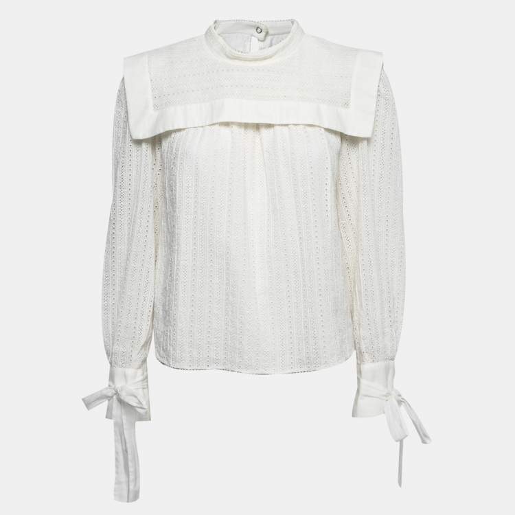 Pre Owned Isabel Marant White Eyelet Cotton Bib Detail Long Sleeve Blouse L