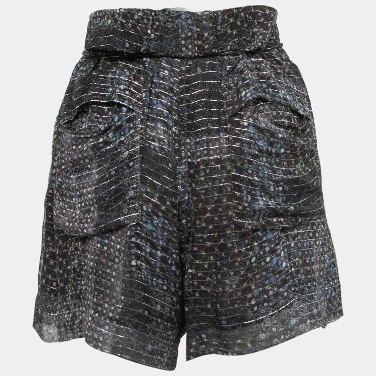 Pre Owned Isabel Marant Navy Blue Printed Silk & Lurex Shorts M
