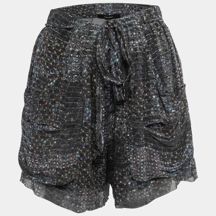 Pre Owned Isabel Marant Navy Blue Printed Silk & Lurex Shorts M