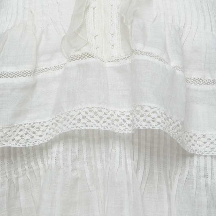 Pre Owned Isabel Marant White Ramie & Silk Lace Trimmed Ruffle Top M