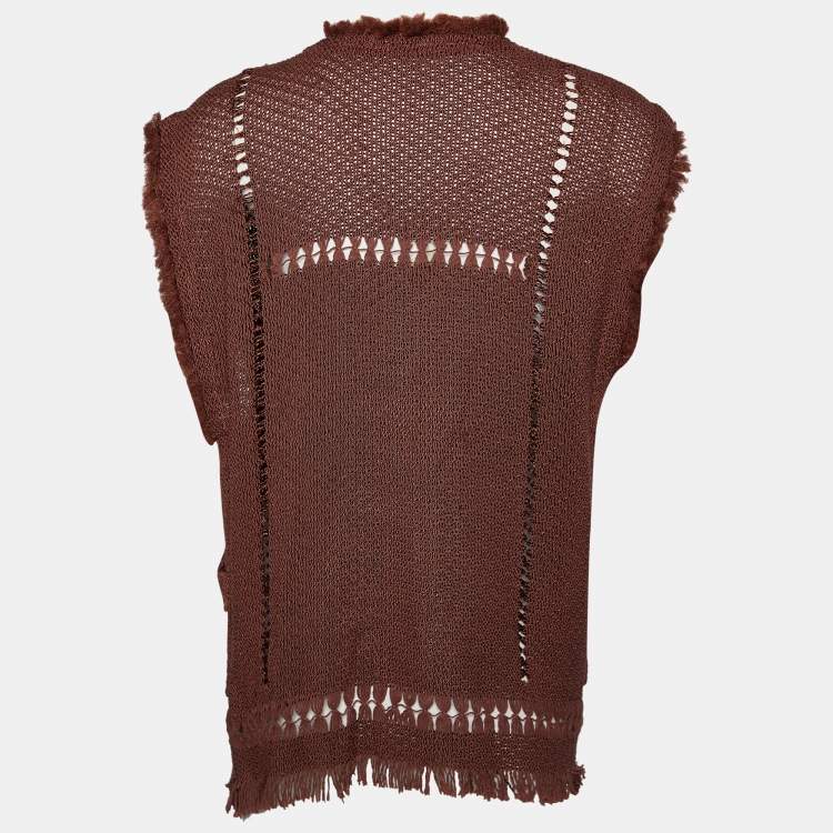 Pre Owned Isabel Marant Brown Perforated Knit Sleeveless Fringe Tassel Detail Top M
