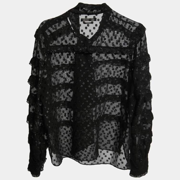 Pre Owned Isabel Marant Black Polka Dot Metallic Chiffon Ruffled Blouse S