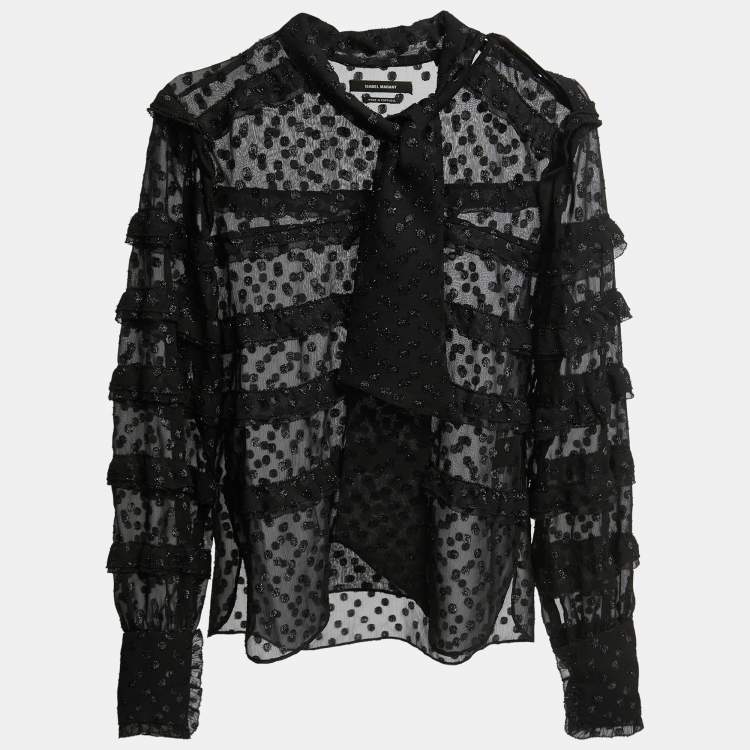 Pre Owned Isabel Marant Black Polka Dot Metallic Chiffon Ruffled Blouse S