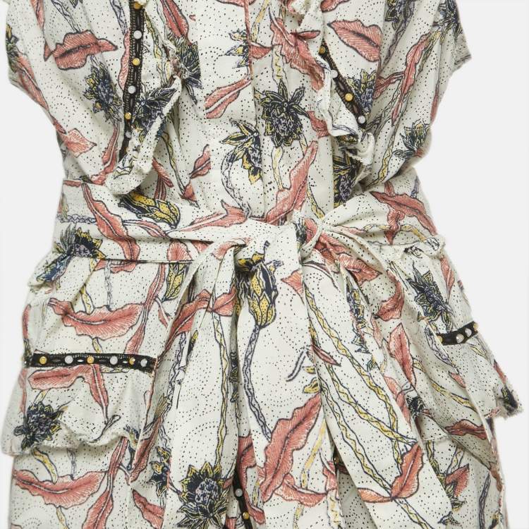 Pre Owned Isabel Marant Multicolor Print Studded Cotton Ruffle Belted Mini Dress L