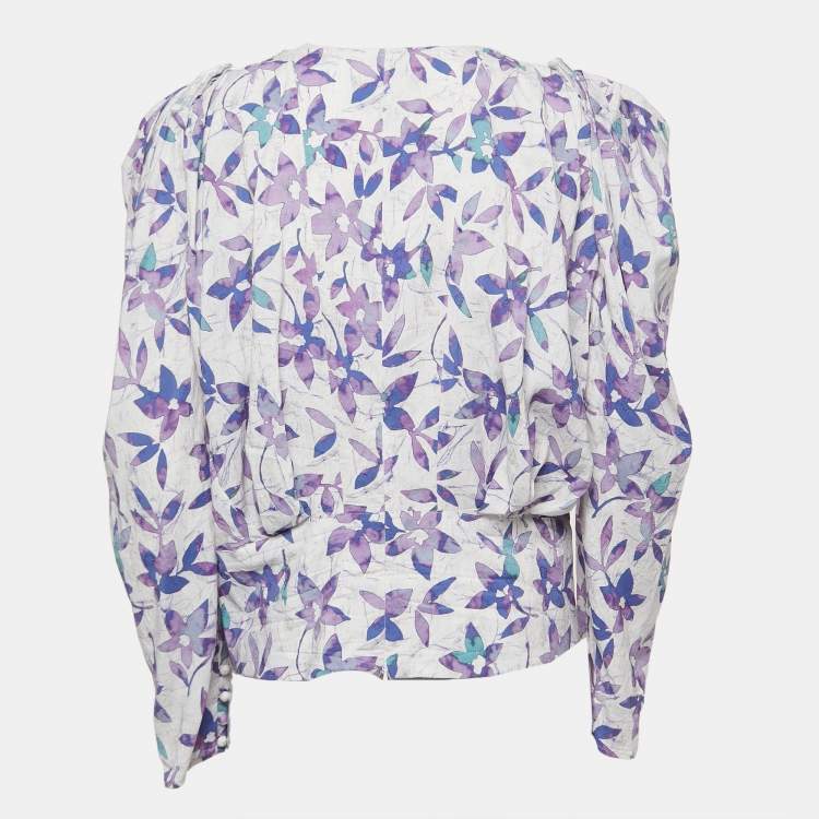Pre Owned Isabel Marant Blue Floral Print Silk Blend Pleated Long Sleeve Blouse M