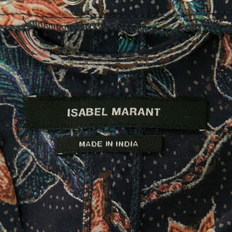Pre Owned Isabel Marant Navy Blue Floral Print Studded Cotton Ruffle Belted Mini Dress M