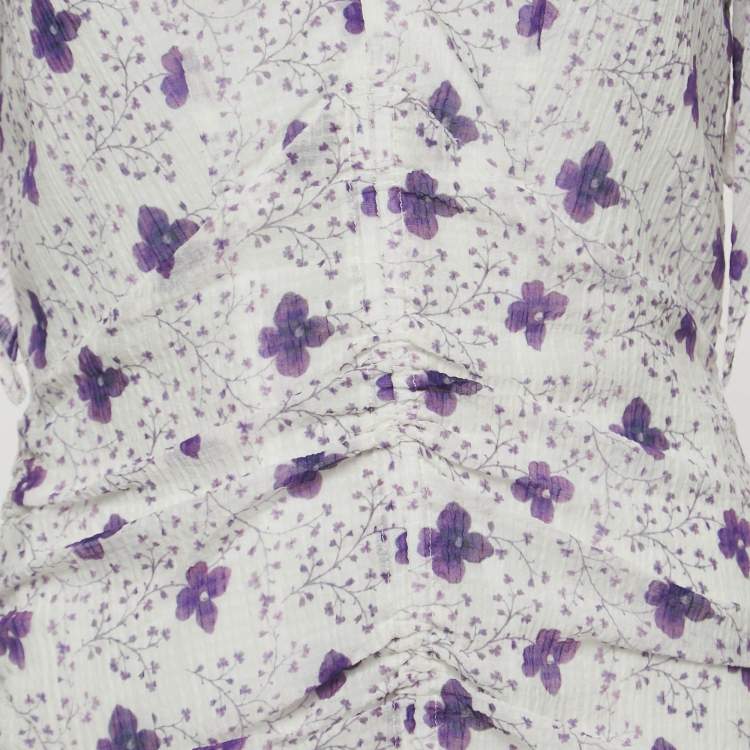 Pre Owned Isabel Marant White Floral Print Silk Blend Ruch Detailed Etya Mini Dress M