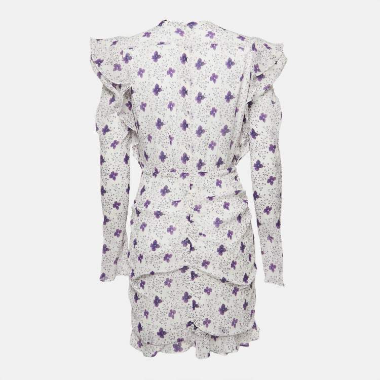 Pre Owned Isabel Marant White Floral Print Silk Blend Ruch Detailed Etya Mini Dress M