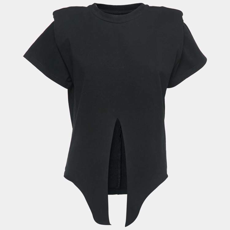 Isabel Marant Black Cotton Shoulder Padded Knotted T-Shirt