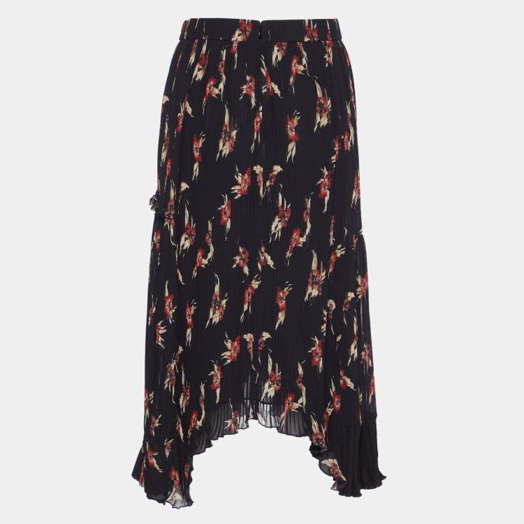 Pre Owned Isabel Marant Black Floral Print Crepe Pleated Midi Skirt S