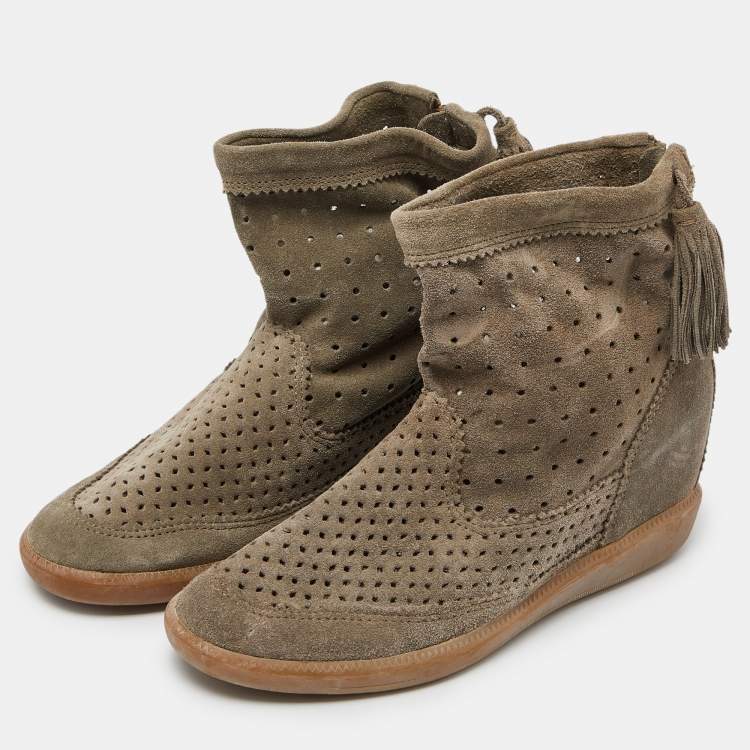 Pre Owned Isabel Marant Grey Cutout Suede Tassel Embellished "Beslay" Wedge Ankle Boots Size 38
