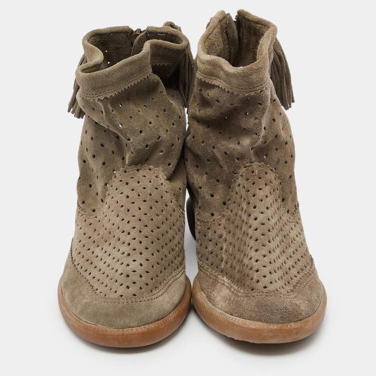 Pre Owned Isabel Marant Grey Cutout Suede Tassel Embellished "Beslay" Wedge Ankle Boots Size 38