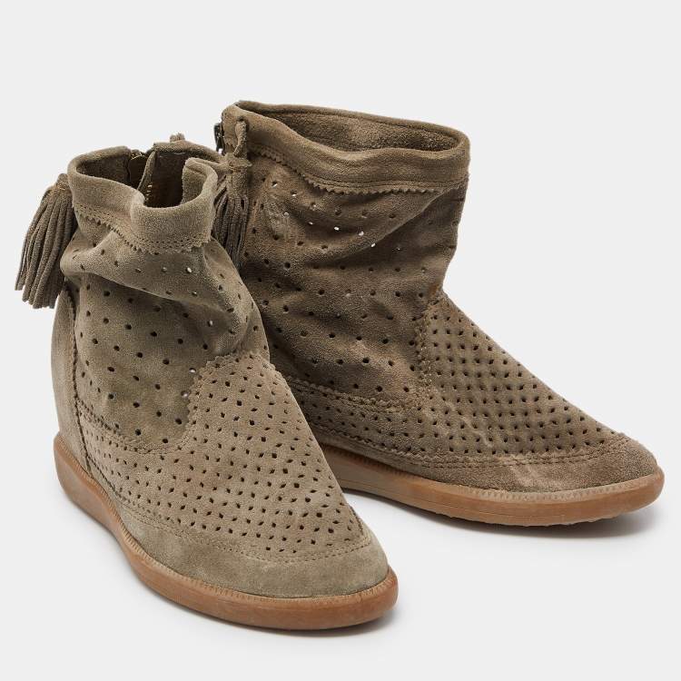 Pre Owned Isabel Marant Grey Cutout Suede Tassel Embellished "Beslay" Wedge Ankle Boots Size 38