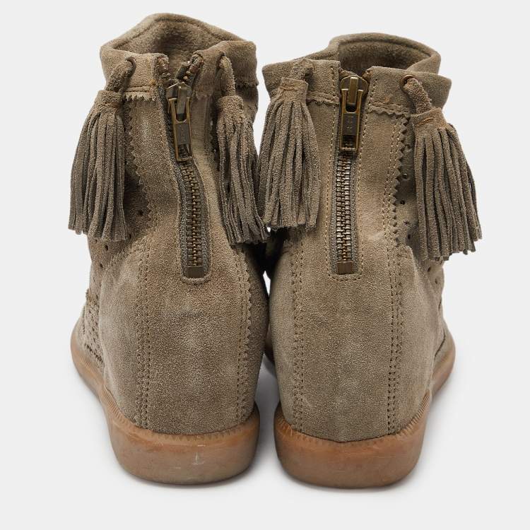 Pre Owned Isabel Marant Grey Cutout Suede Tassel Embellished "Beslay" Wedge Ankle Boots Size 38
