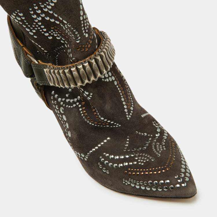 Pre Owned Isabel Marant Brown Suede Studded Pointed Toe Ankle Boots Size 41