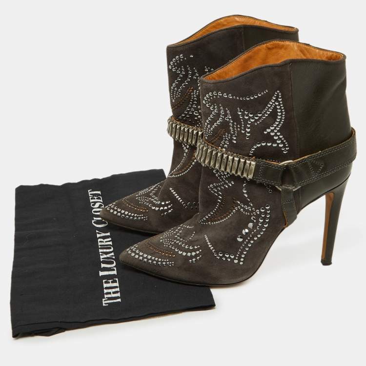 Pre Owned Isabel Marant Brown Suede Studded Pointed Toe Ankle Boots Size 41