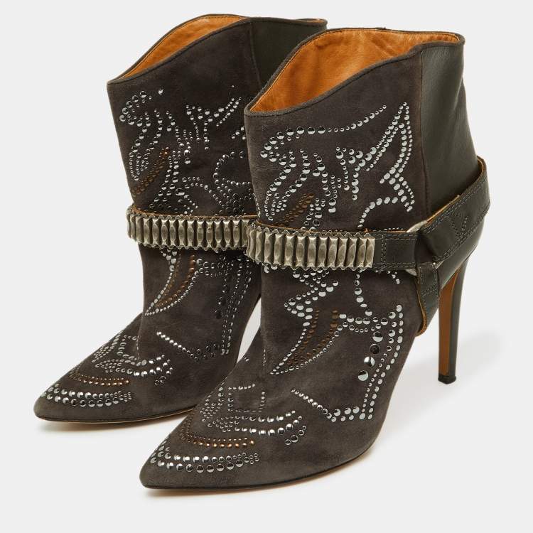 Isabel Marant Brown Suede Studded Pointed Toe Ankle Boots