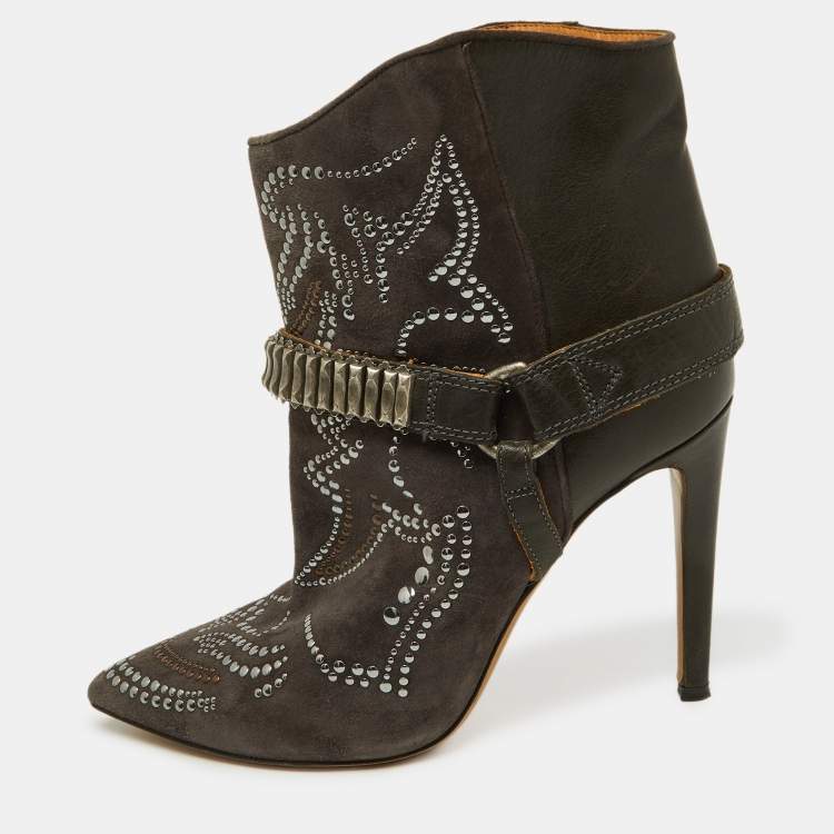 Pre Owned Isabel Marant Brown Suede Studded Pointed Toe Ankle Boots Size 41