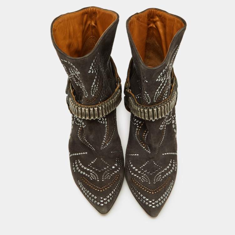 Pre Owned Isabel Marant Brown Suede Studded Pointed Toe Ankle Boots Size 41