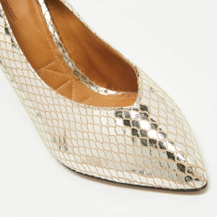 Pre Owned Isabel Marant Gold Snakeskin Embossed Patent Leather Pointed Toe Pumps Size 39