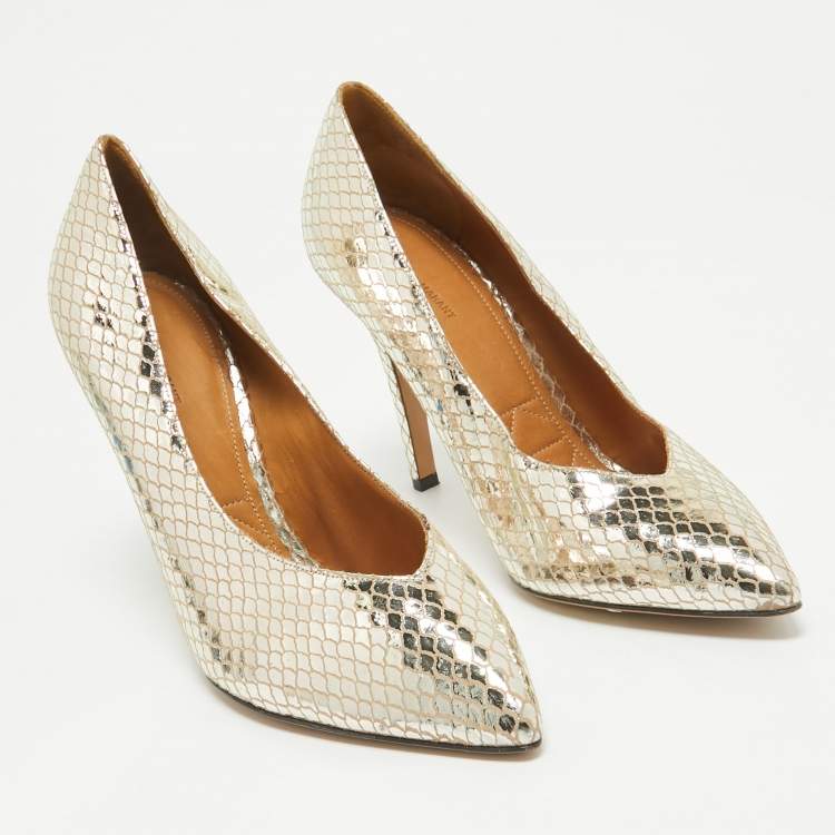Pre Owned Isabel Marant Gold Snakeskin Embossed Patent Leather Pointed Toe Pumps Size 39