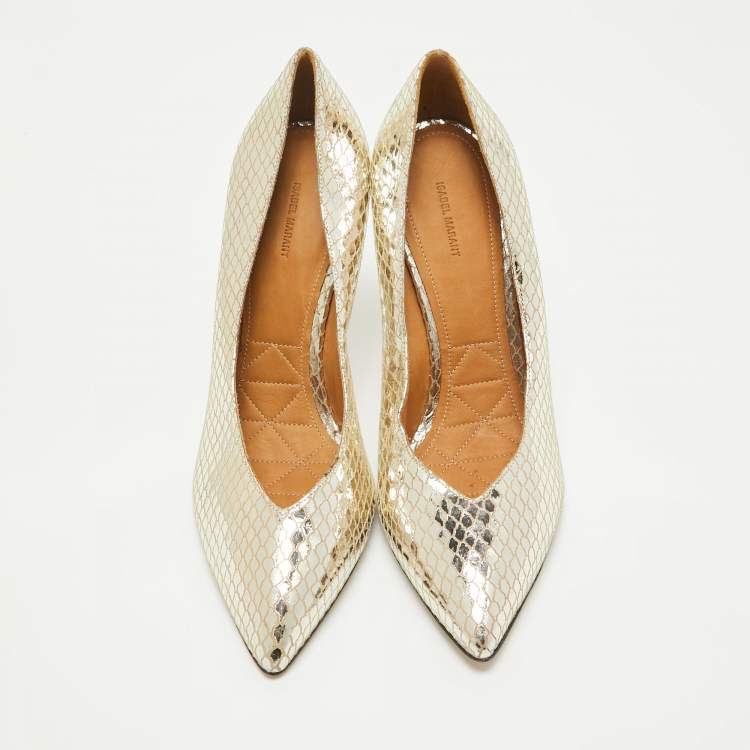 Pre Owned Isabel Marant Gold Snakeskin Embossed Patent Leather Pointed Toe Pumps Size 39