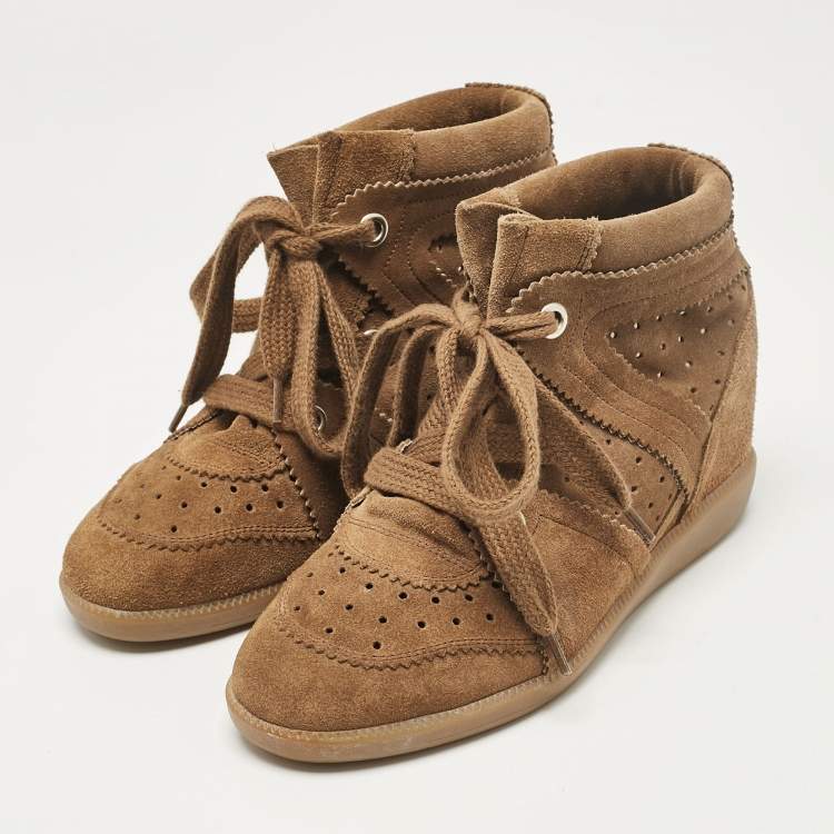 Pre Owned Isabel Marant Brown Suede Bobby Wedge Sneakers Size 36