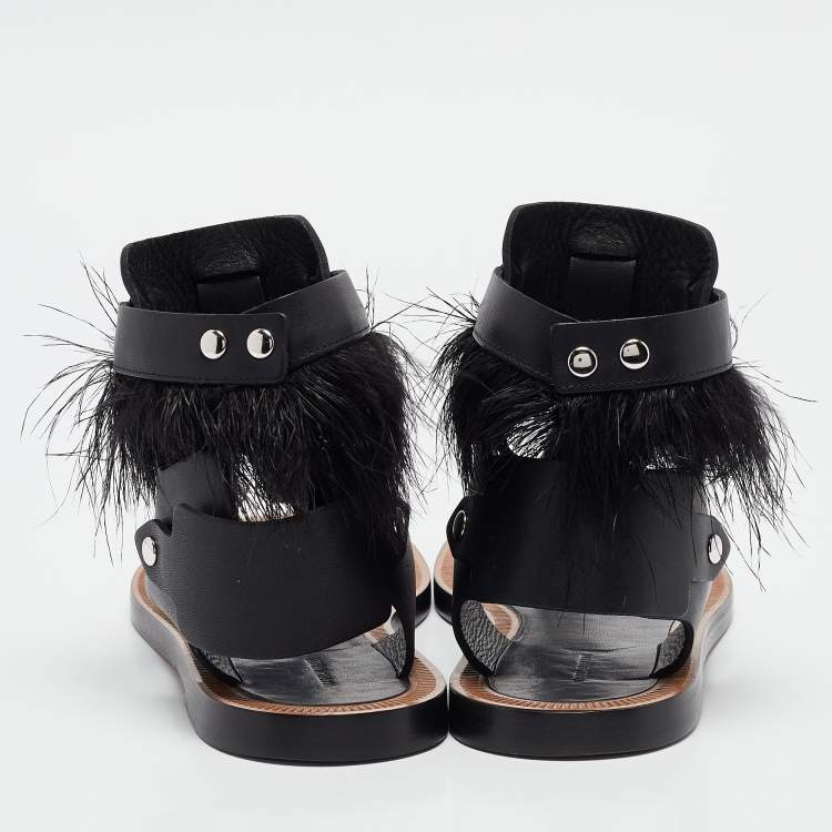 Pre Owned Isabel Marant Black Leather And Feather Trim T-Strap Sandals Size 38