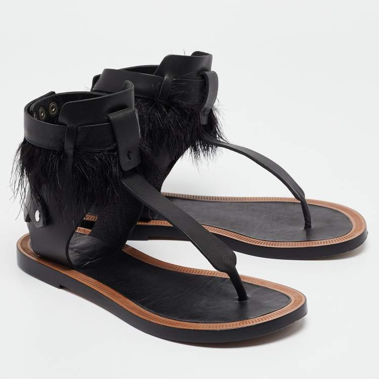 Pre Owned Isabel Marant Black Leather And Feather Trim T-Strap Sandals Size 38