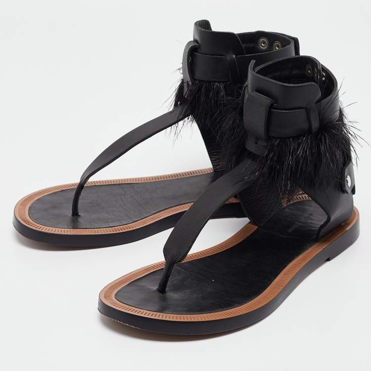 Pre Owned Isabel Marant Black Leather And Feather Trim T-Strap Sandals Size 38