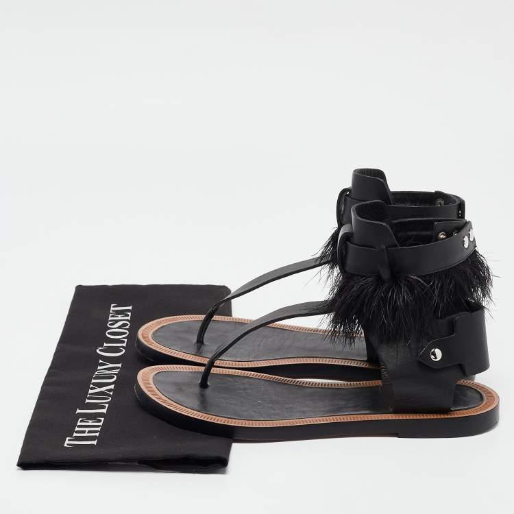 Pre Owned Isabel Marant Black Leather And Feather Trim T-Strap Sandals Size 38