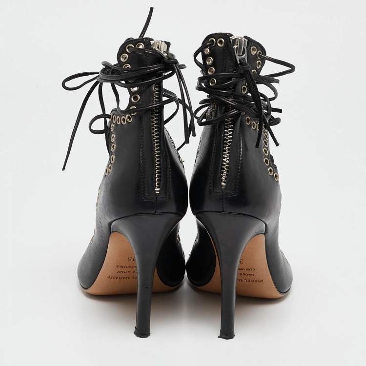 Pre Owned Isabel Marant Black Leather Eyelet Embellished Lace Up Lelie Sandals Size 36