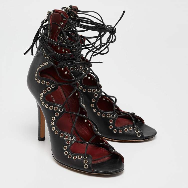 Pre Owned Isabel Marant Black Leather Eyelet Embellished Lace Up Lelie Sandals Size 36