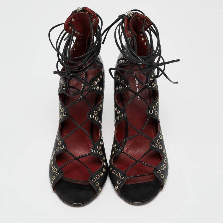 Pre Owned Isabel Marant Black Leather Eyelet Embellished Lace Up Lelie Sandals Size 36