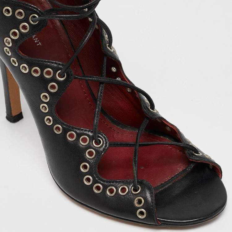 Pre Owned Isabel Marant Black Leather Eyelet Embellished Lace Up Lelie Sandals Size 36