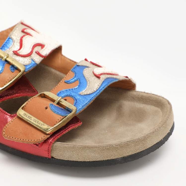 Pre Owned Isabel Marant Multicolor Leather Lelik Buckle Embellished Flat Size 37