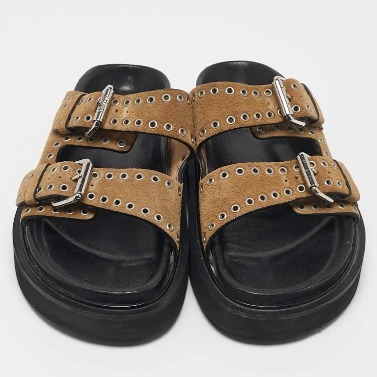 Pre Owned Isabel Marant Beige Suede Buckle Flat Sandals Size 36