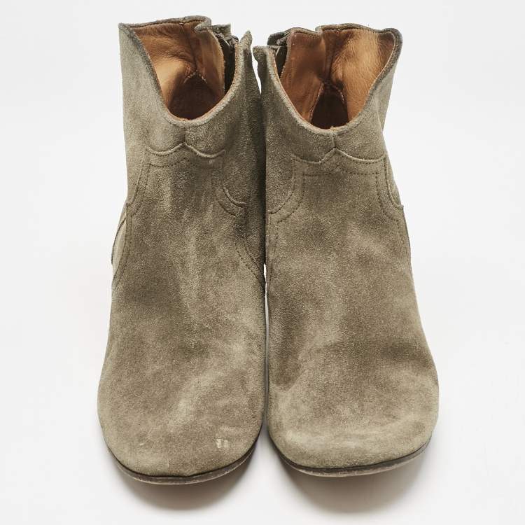 Pre Owned Isabel Marant Olive Green Suede Dicker Ankle Boots Size 37