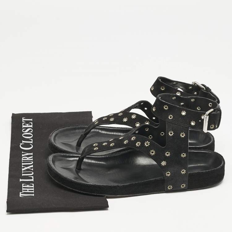Pre Owned Isabel Marant Black Suede Elwina Ankle Strap Flat Sandals Size 41