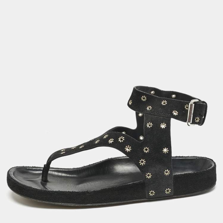 Pre Owned Isabel Marant Black Suede Elwina Ankle Strap Flat Sandals Size 41