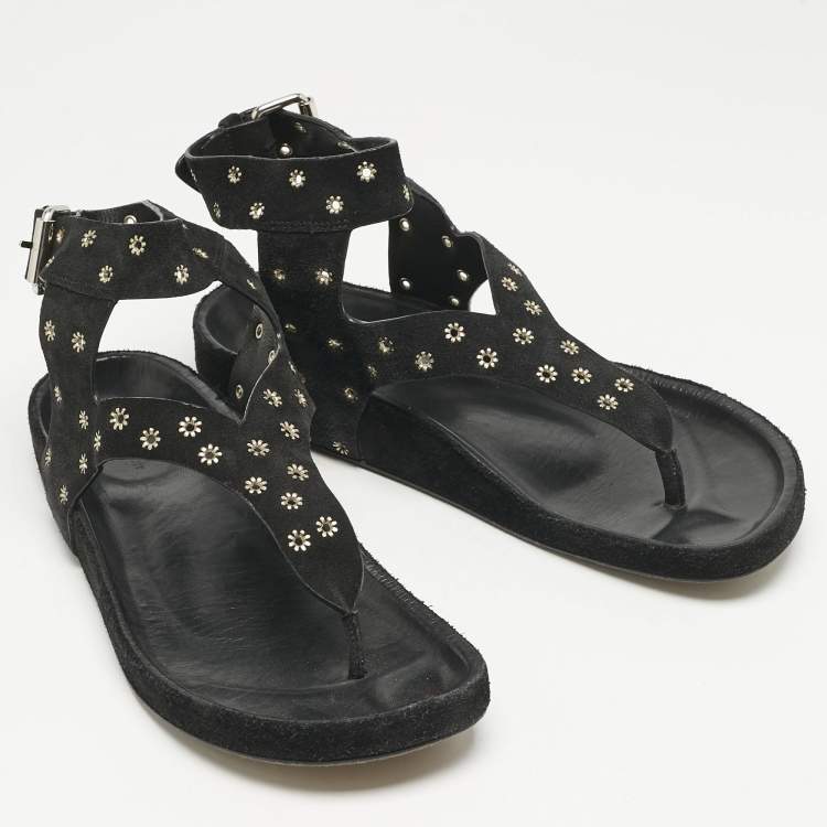 Pre Owned Isabel Marant Black Suede Elwina Ankle Strap Flat Sandals Size 41