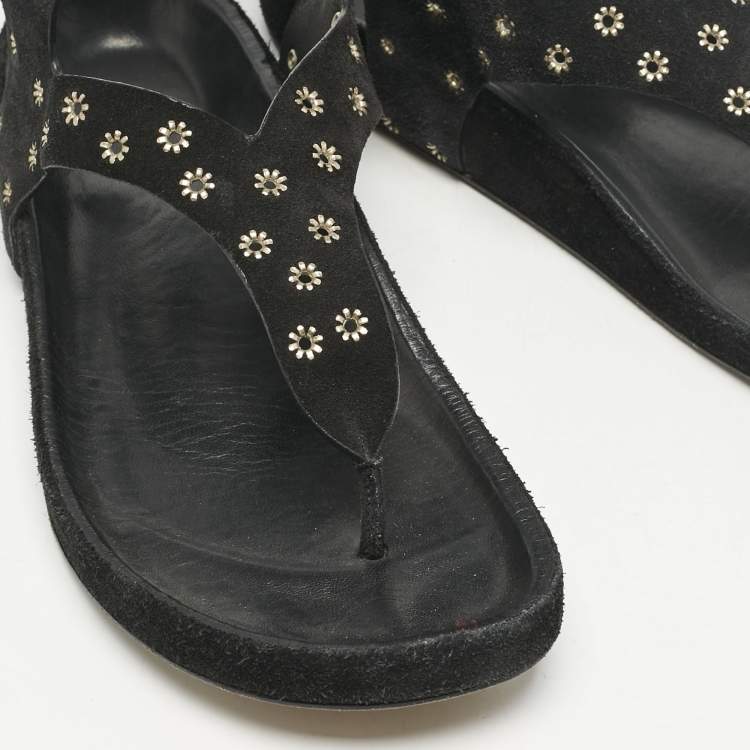 Pre Owned Isabel Marant Black Suede Elwina Ankle Strap Flat Sandals Size 41