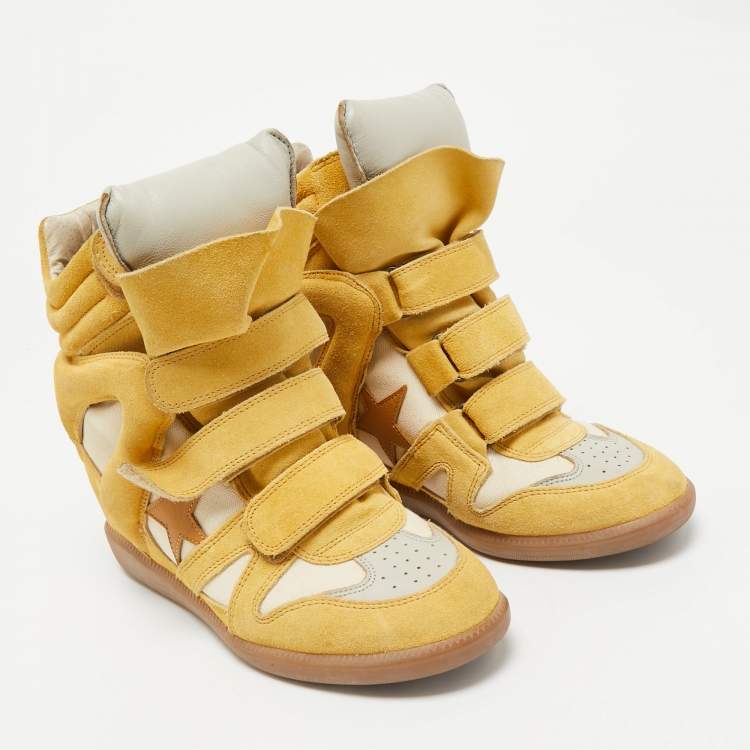 Pre Owned Isabel Marant Yellow Suede and Leather Bekett Wedge Sneakers Size 38