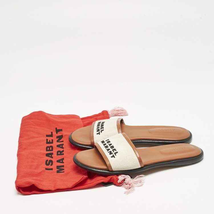 Pre Owned Isabel Marant Off White/Brown Canvas and Leather Vikee Flat Slide Sandals Size 39
