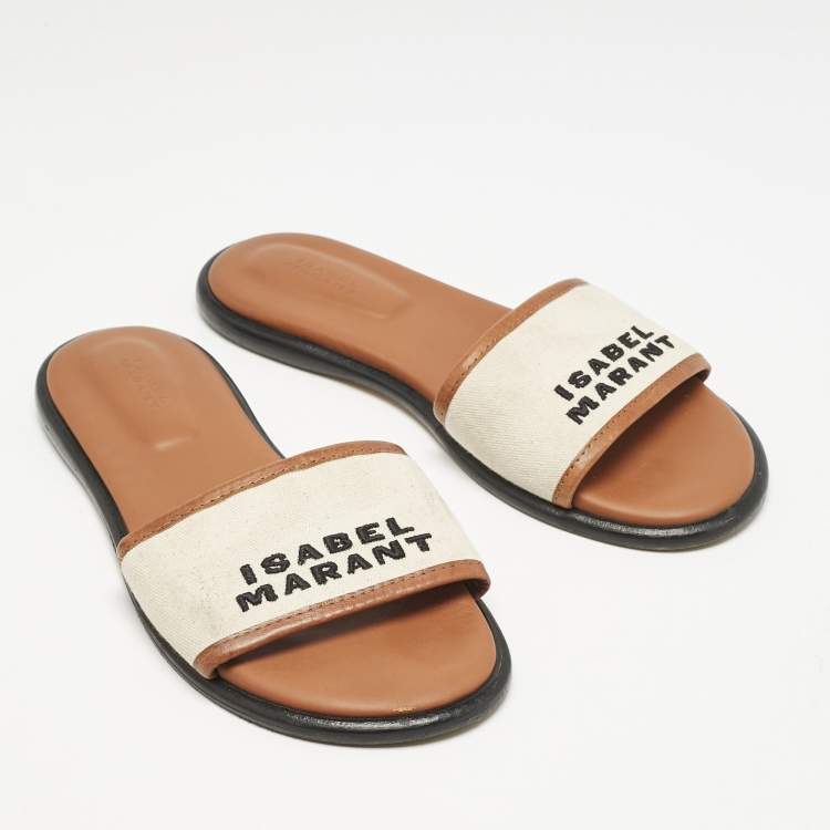 Pre Owned Isabel Marant Off White/Brown Canvas and Leather Vikee Flat Slide Sandals Size 39