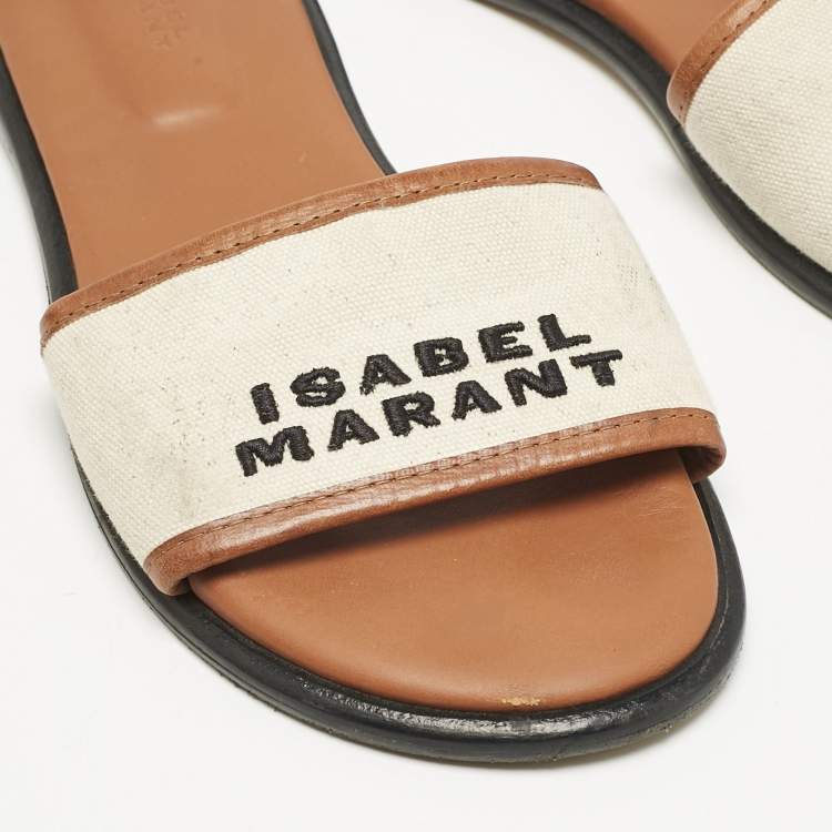 Pre Owned Isabel Marant Off White/Brown Canvas and Leather Vikee Flat Slide Sandals Size 39