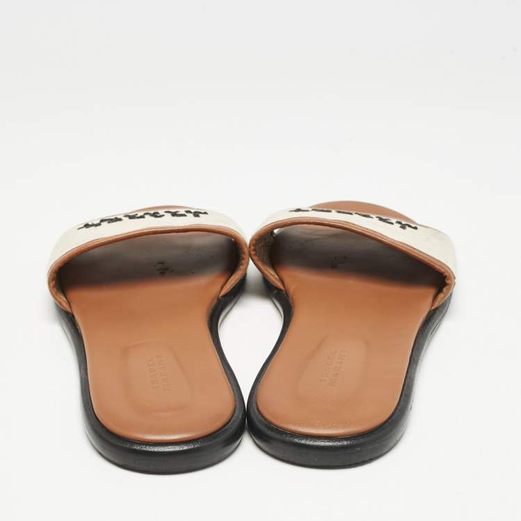 Pre Owned Isabel Marant Off White/Brown Canvas and Leather Vikee Flat Slide Sandals Size 39