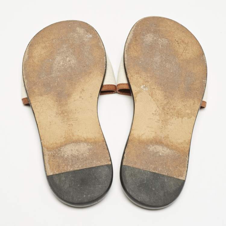 Pre Owned Isabel Marant Off White/Brown Canvas and Leather Vikee Flat Slide Sandals Size 39